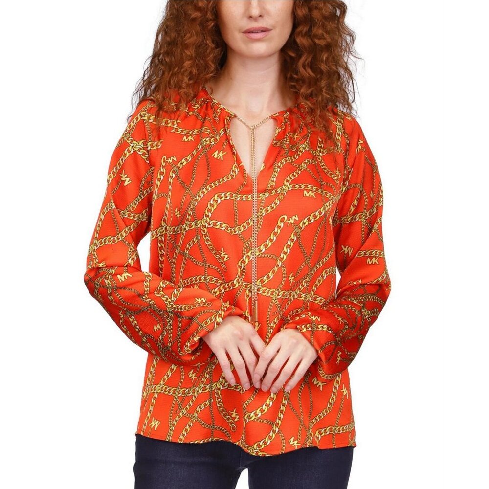 MICHAEL Michael Kors Logo Orange Chain Print Casual Long Sleeve Top XS